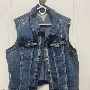 dkin Distressed Rhinestones Jean Denim Vest Size Womens 2X Medium Wash Button